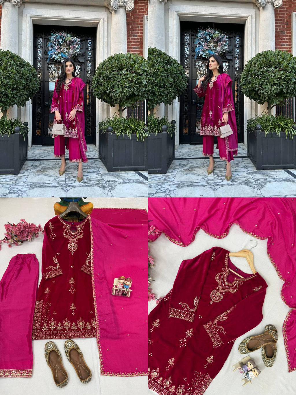 Chic Women's Velvet Kurti Plazzo Set in Fuchsia Berry with Sequin Embroidery - Model Posing