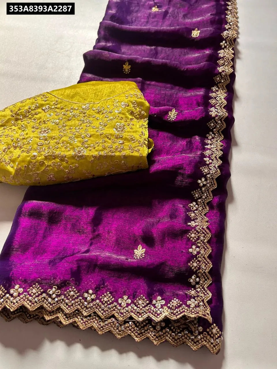 TRENDBUY Purple Chiffon Crush Silk Saree with embroidered scalloped border and contrast yellow blouse