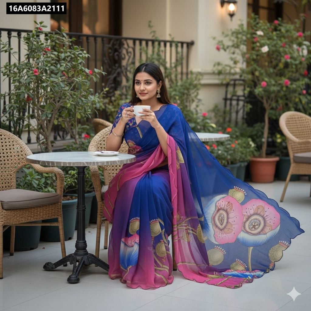TRENDBUY Model showcasing Ocean Bloom Blue Pink Chiffon Saree with Poppy Digital Print and Blouse
