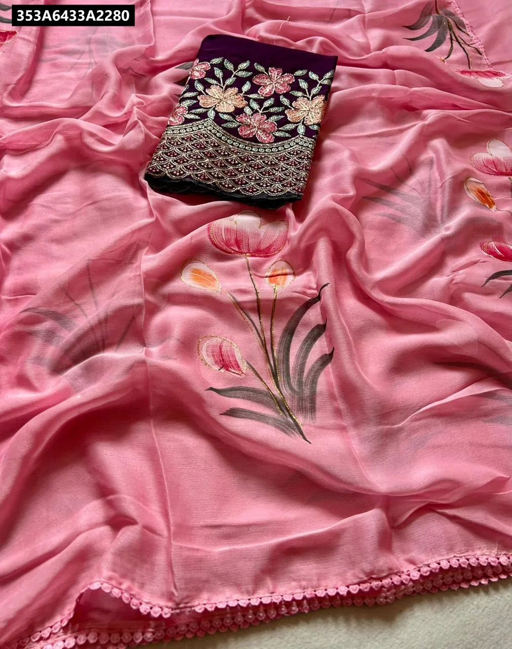 TRENDBUY Pink Chiffon Floral Digital Print Saree with Handwork Blouse