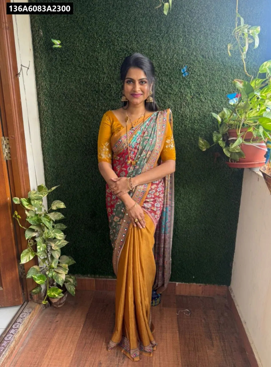 Model wearing TRENDBUY Mustard Multi pure chiffon saree with intricate patterns and mirror work, full shot