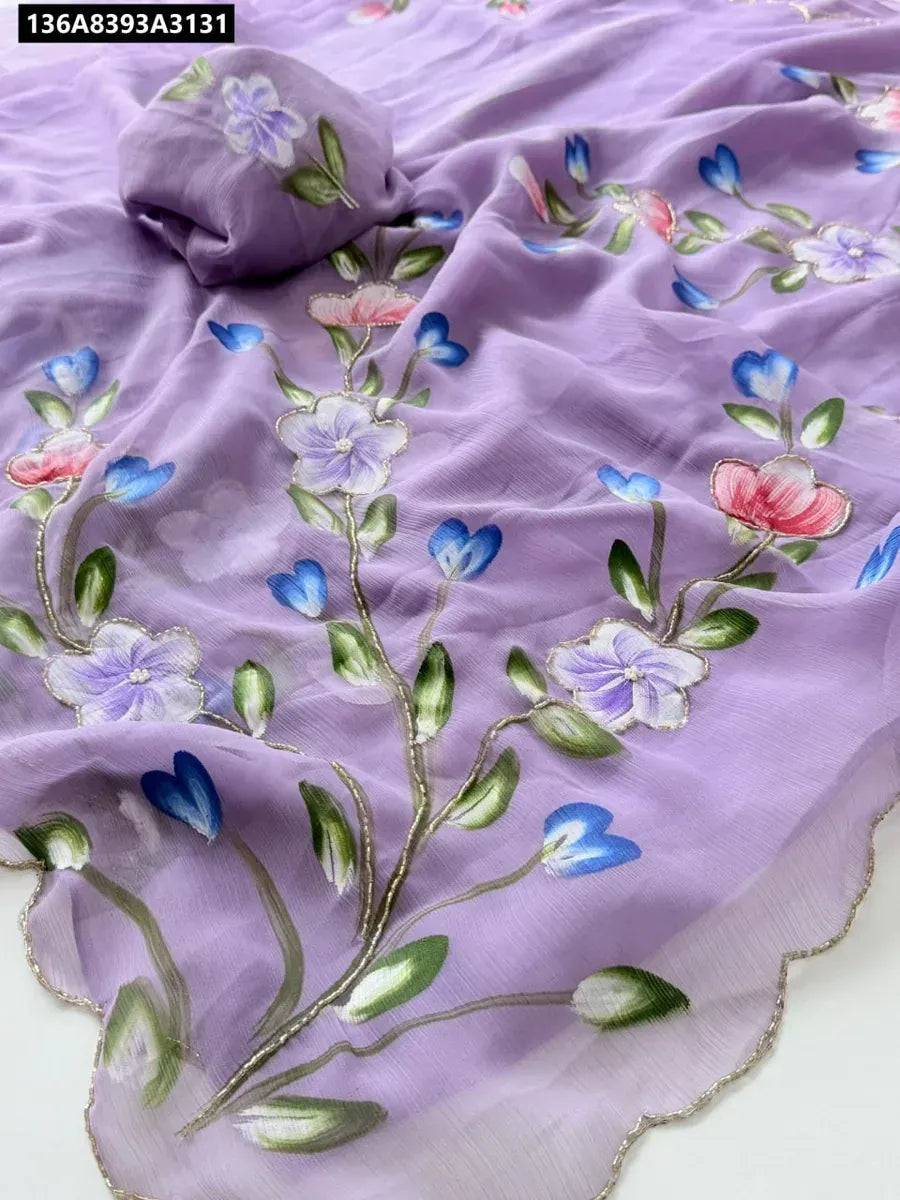 TRENDBUY Lavender Pure Chiffon Saree with Hand-Painted Floral Work and Silk Chinnon Blouse