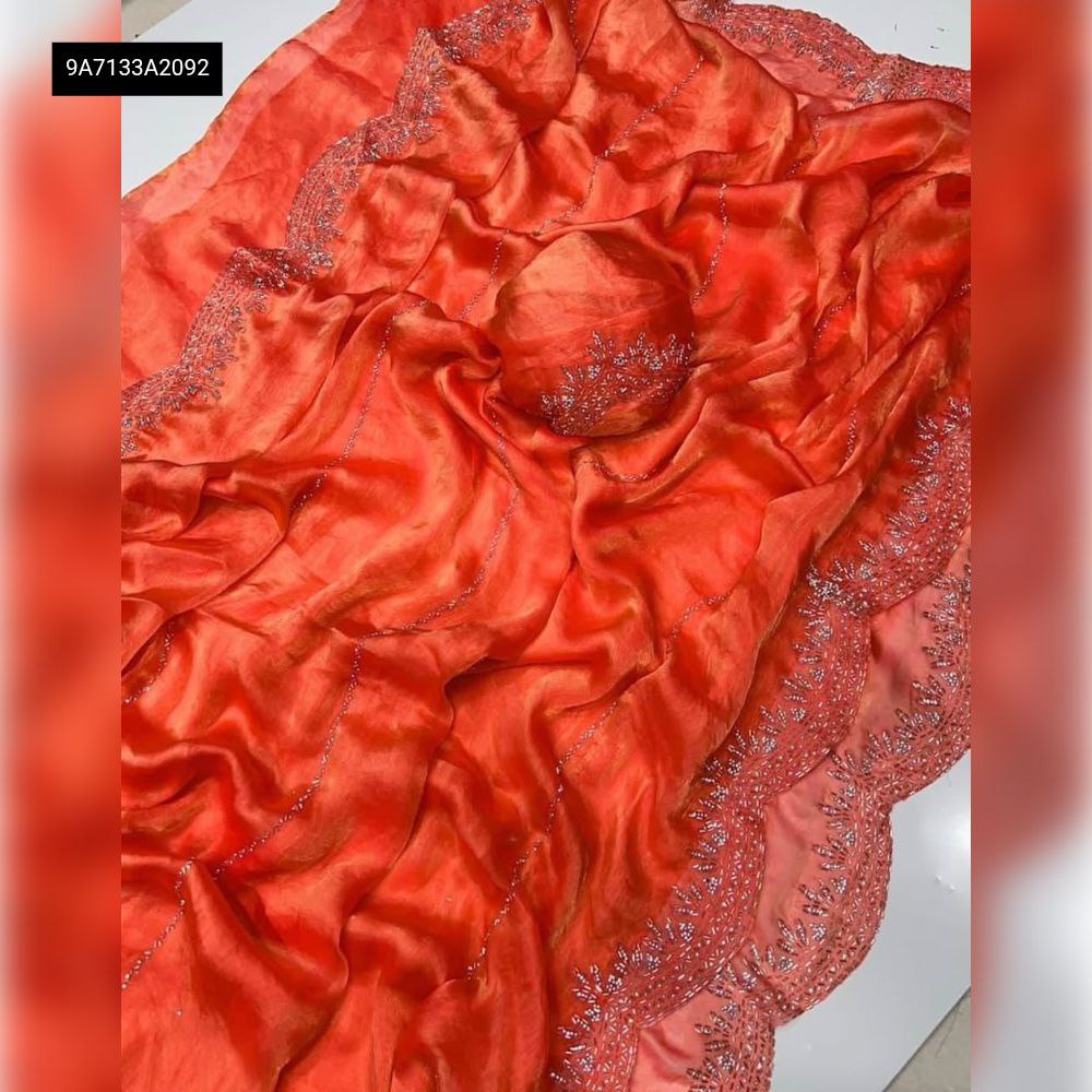 Rustic Orange Chiffon Saree with intricate Jarkhan Diamond Work border and pallu, featuring a matching blouse piece.
