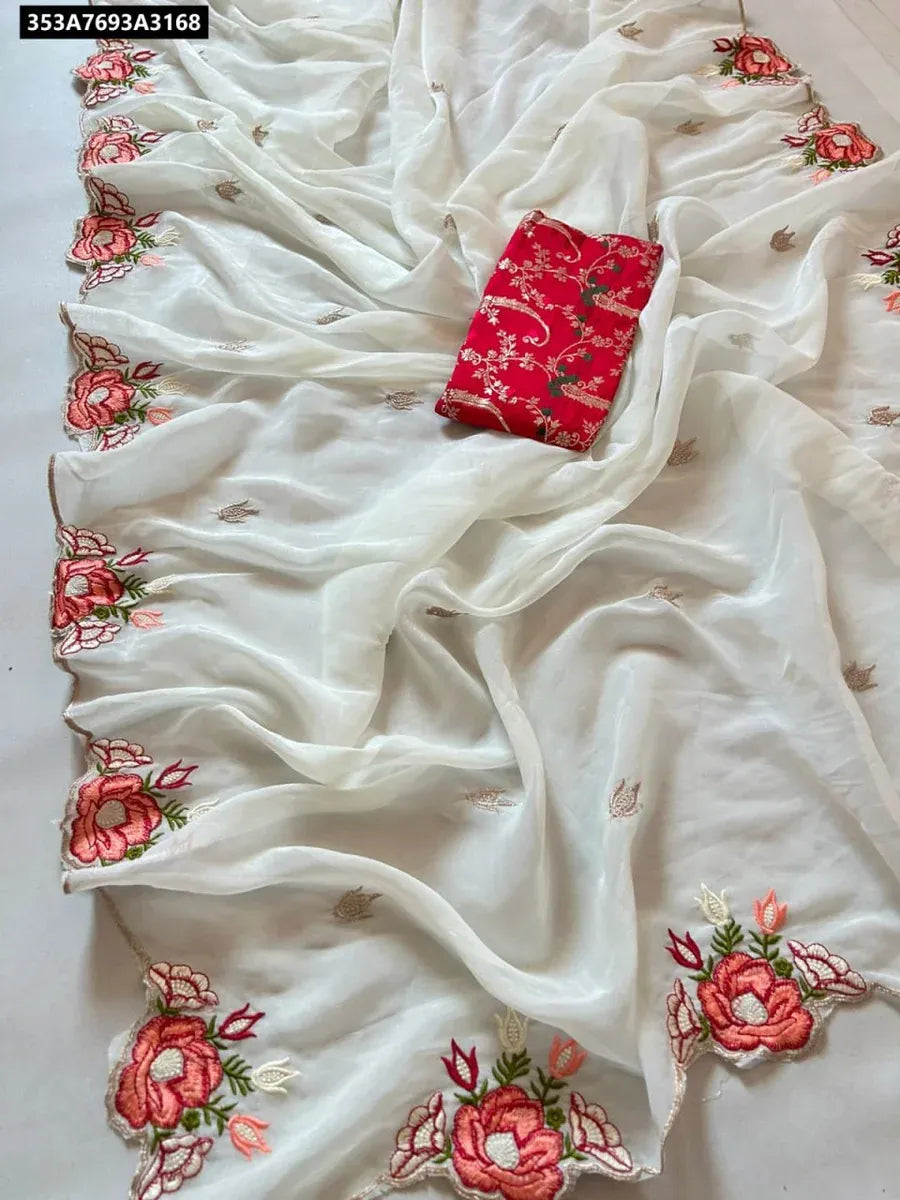 TRENDBUY Cream Chiffon Silk Saree with floral embroidery and cut work border, flat lay