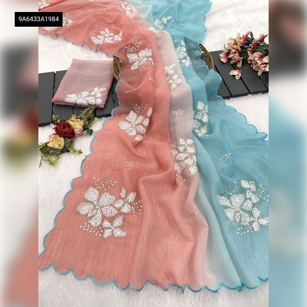 Coral Ombre Chiffon Silk Saree with sequence work and cut work border