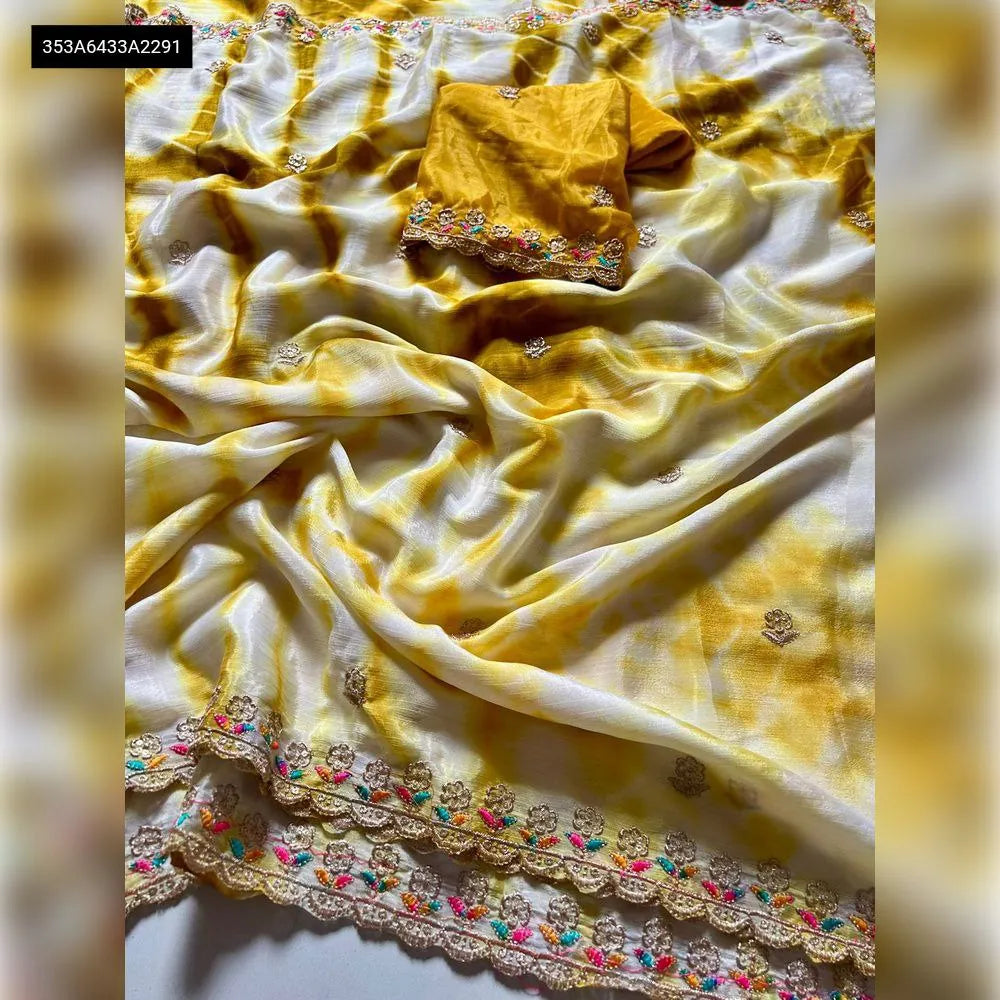 TRENDBUY Hand Dyeing Chiffon Silk Saree in White and Yellow with Moti Work Scalloped Border and Contrast Blouse - Flat Lay Detail