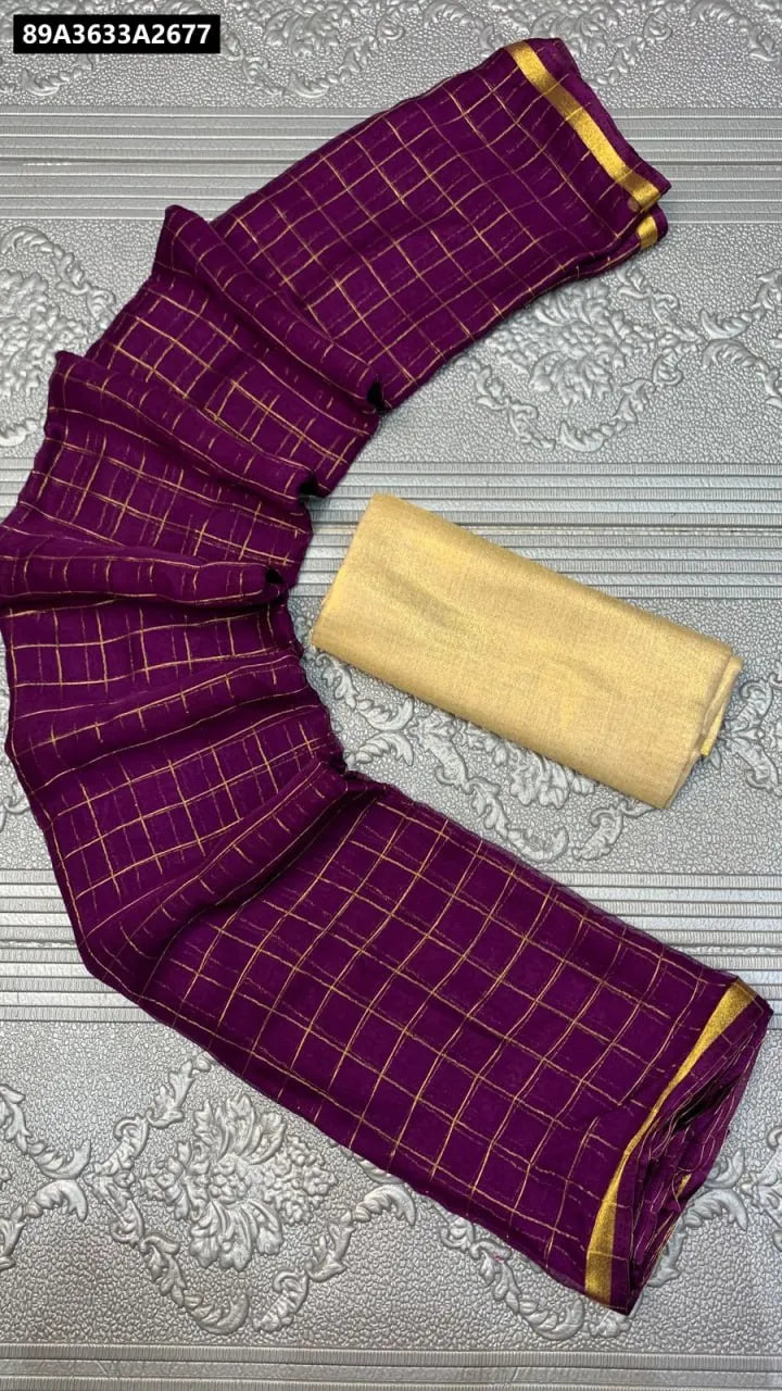 TRENDBUY Chiffon Zari Checks Saree - Purple with Upada Silk Blouse Piece