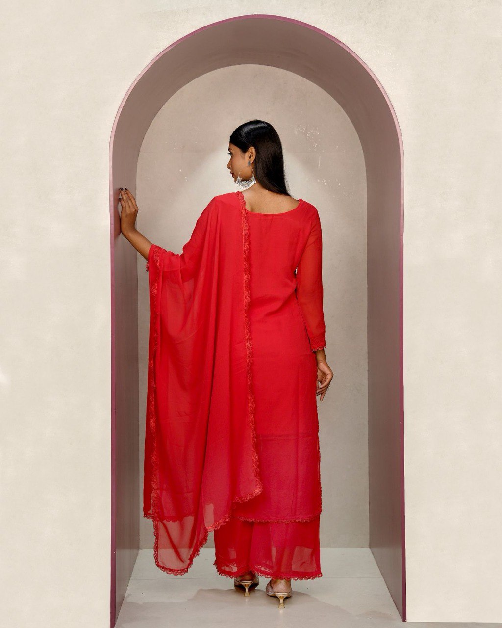 TRENDBUY Chikankari Embroidered Suit Set in Red, model back view, full length