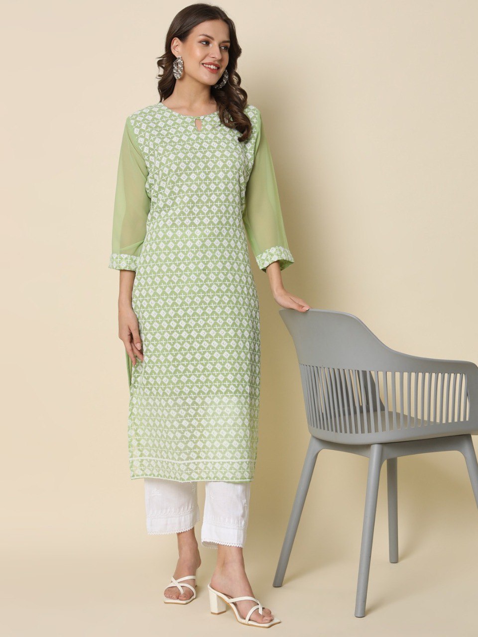 TRENDBUY Mint Green Chikankari Georgette Straight Kurta for Women with intricate embroidery