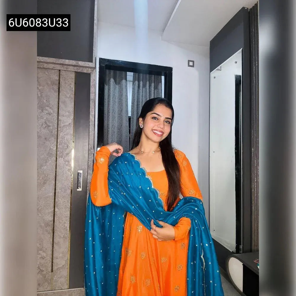 TRENDBUY Chinnon Embroidered Anarkali Gown for Women in Orange with Blue Dupatta - Model Posing