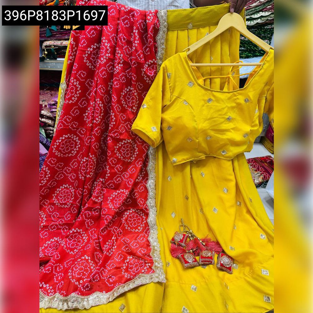 Yellow Chinnon Silk Lehenga Choli Set with Red Bandhani Dupatta by TRENDBUY