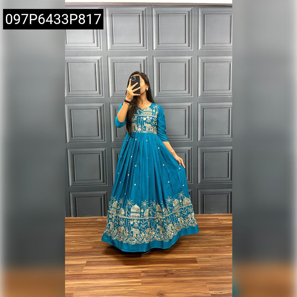 Women's Chinnon Silk Gown in Blue with Zari and Sequence Embroidery, full length