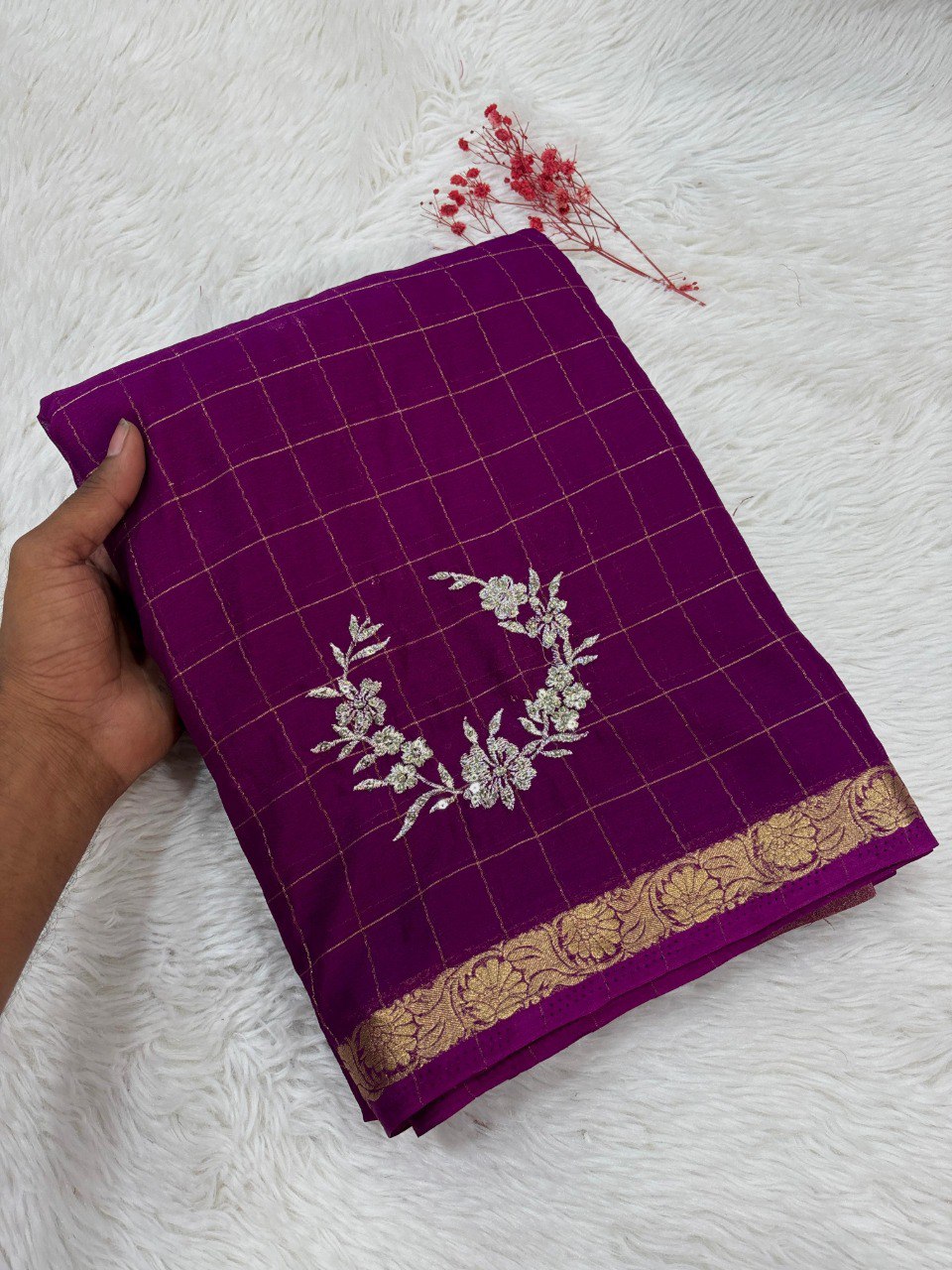 TRENDBUY Pure Chinnon Viscose Chex Embroidery Saree in Plum Purple