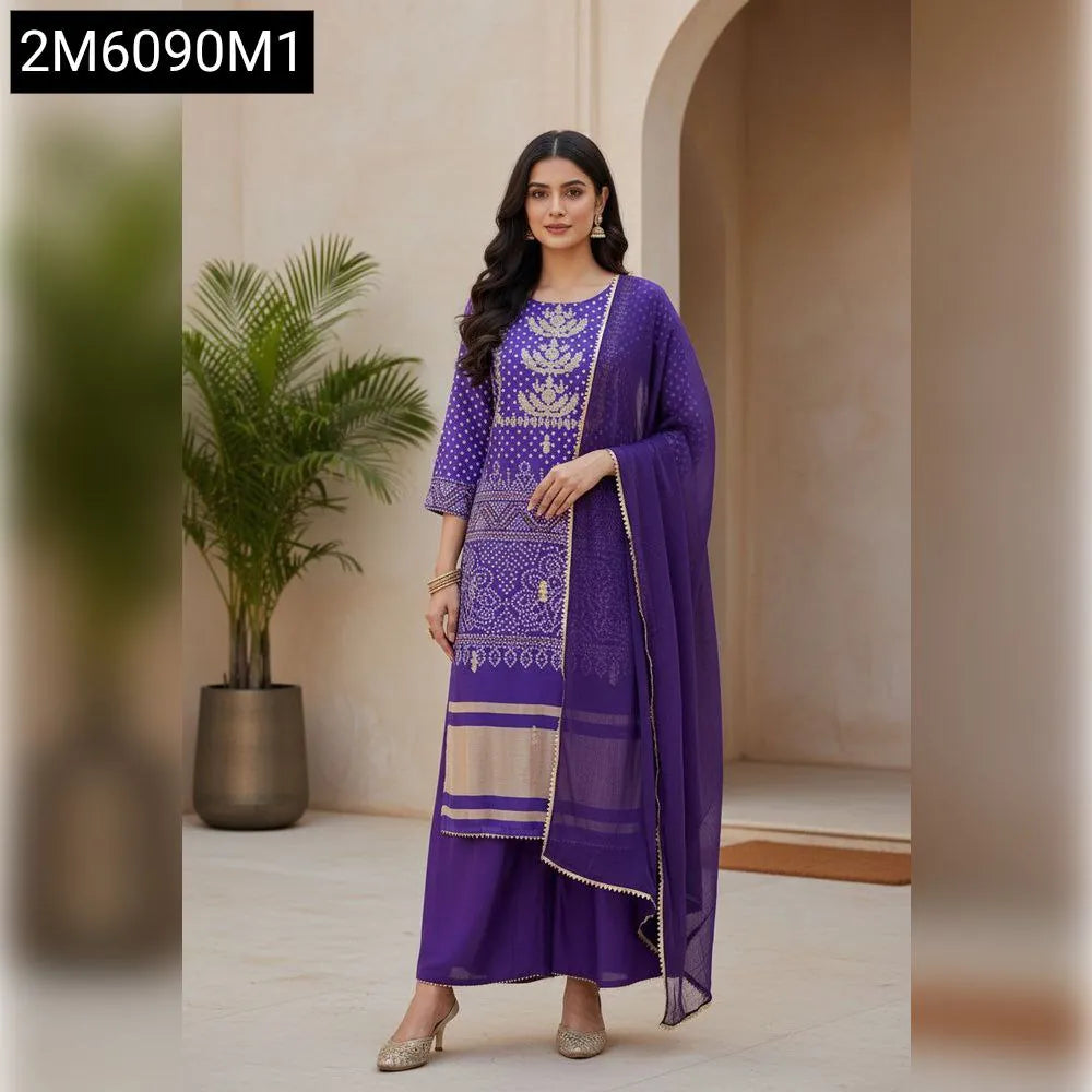 Full body shot of a woman wearing a purple Chinon Bandhani print kurta set with gold embroidery, front facing, standing elegantly.