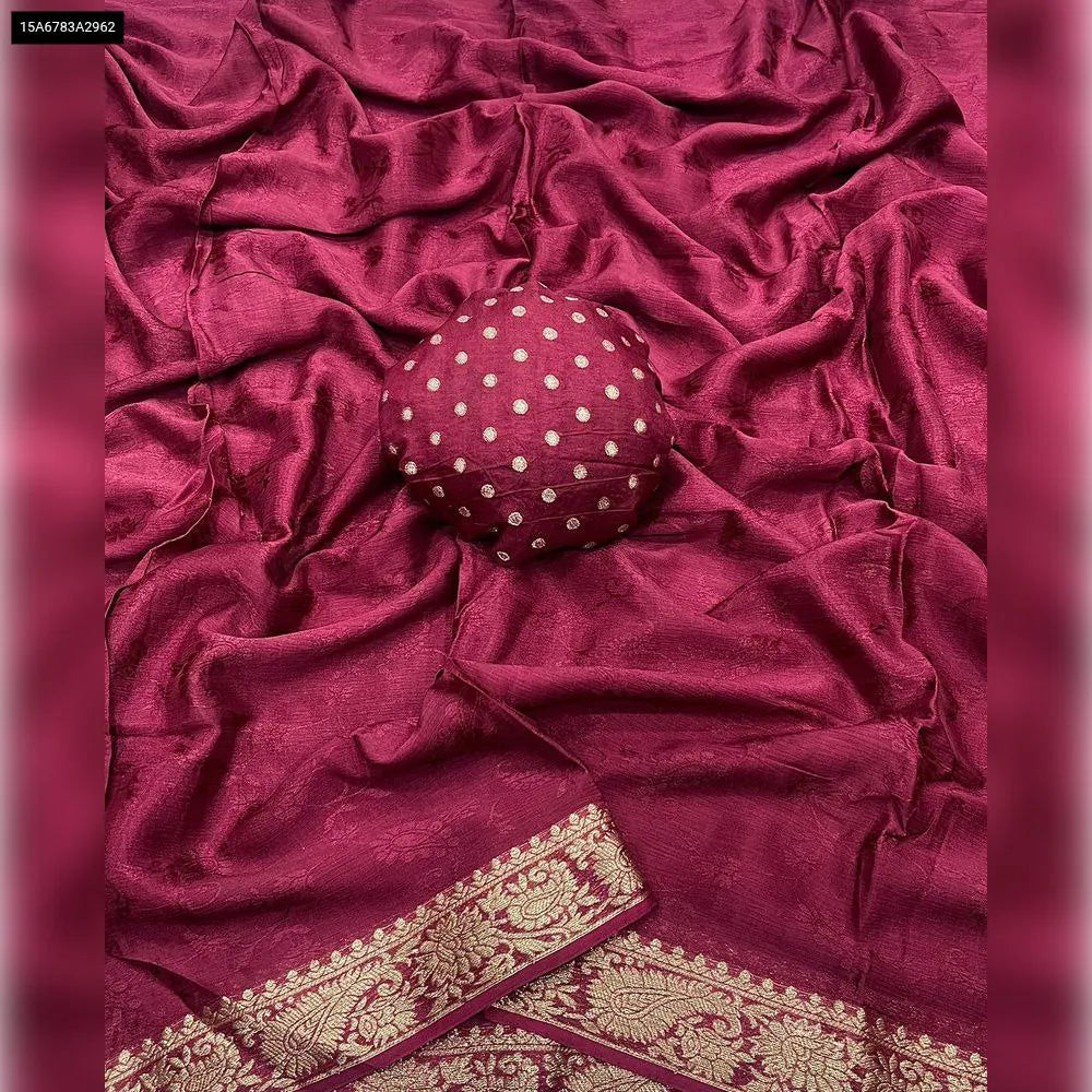 TRENDBUY Chinon Chiffon Saree in Maroon with Zari Border and Polka Dot Blouse Piece