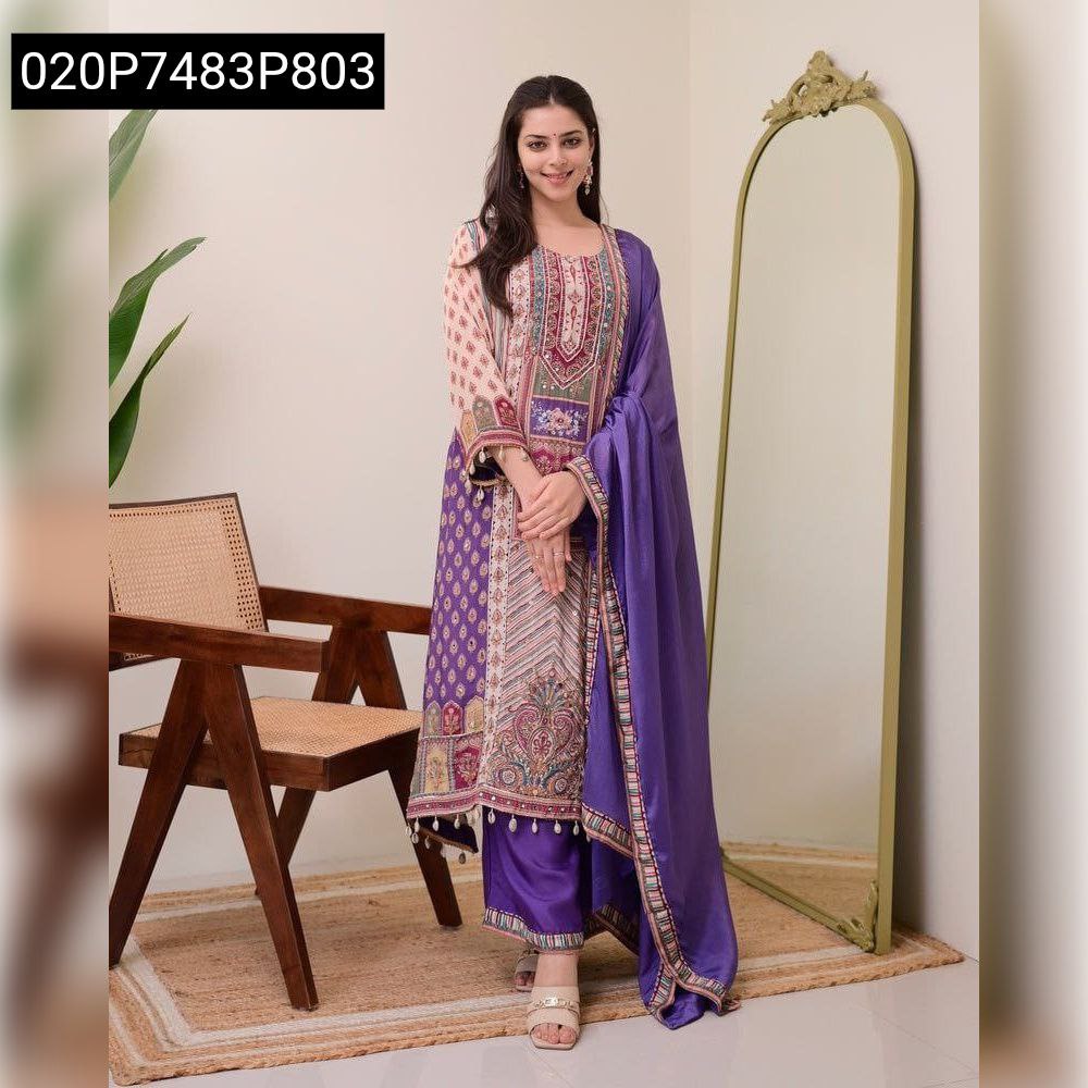 Full body shot of a model gracefully posing in the purple and beige Chinon 4-piece plazo suit with dupatta.