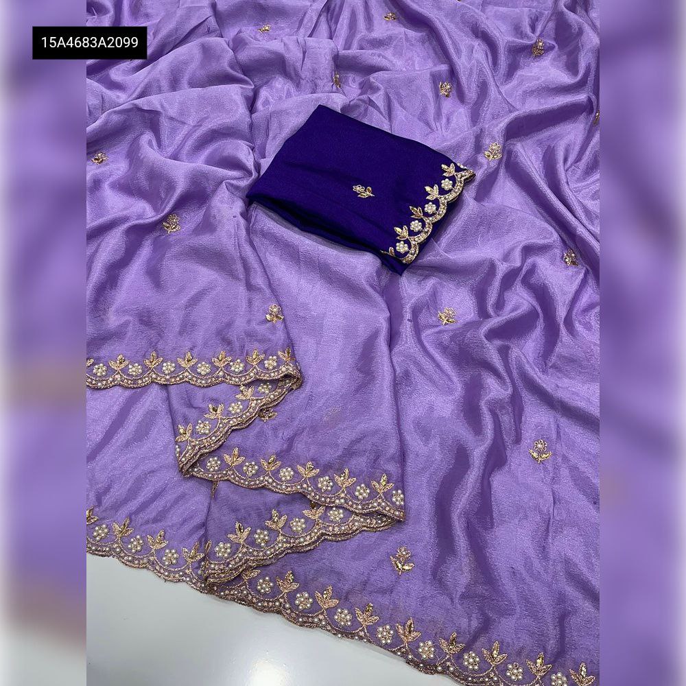 Lavender Chinon Saree with Handwork and Dark Blue Blouse