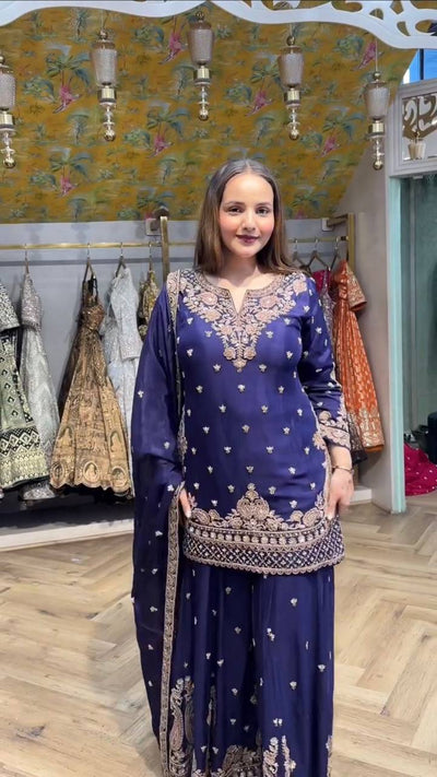 Chinon Sequence Embroidered Women's 3 Piece Plazzo Suit | Festive Elegance