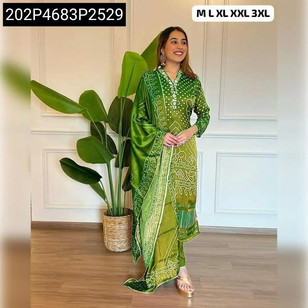 TRENDBUY Women's Emerald Green Chinon Silk Kurti Pant Dupatta Set with digital print and embroidery, full body view.