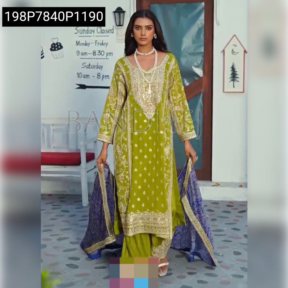 Stunning model in Parrot Green Chinon Silk embroidered kurti set, full body front pose.