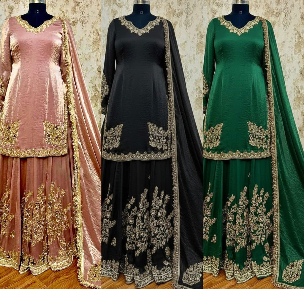 TRENDBUY Chinon Silk Embroidered Palazzo Suit with Dupatta - Rose Gold, Black, Emerald Green