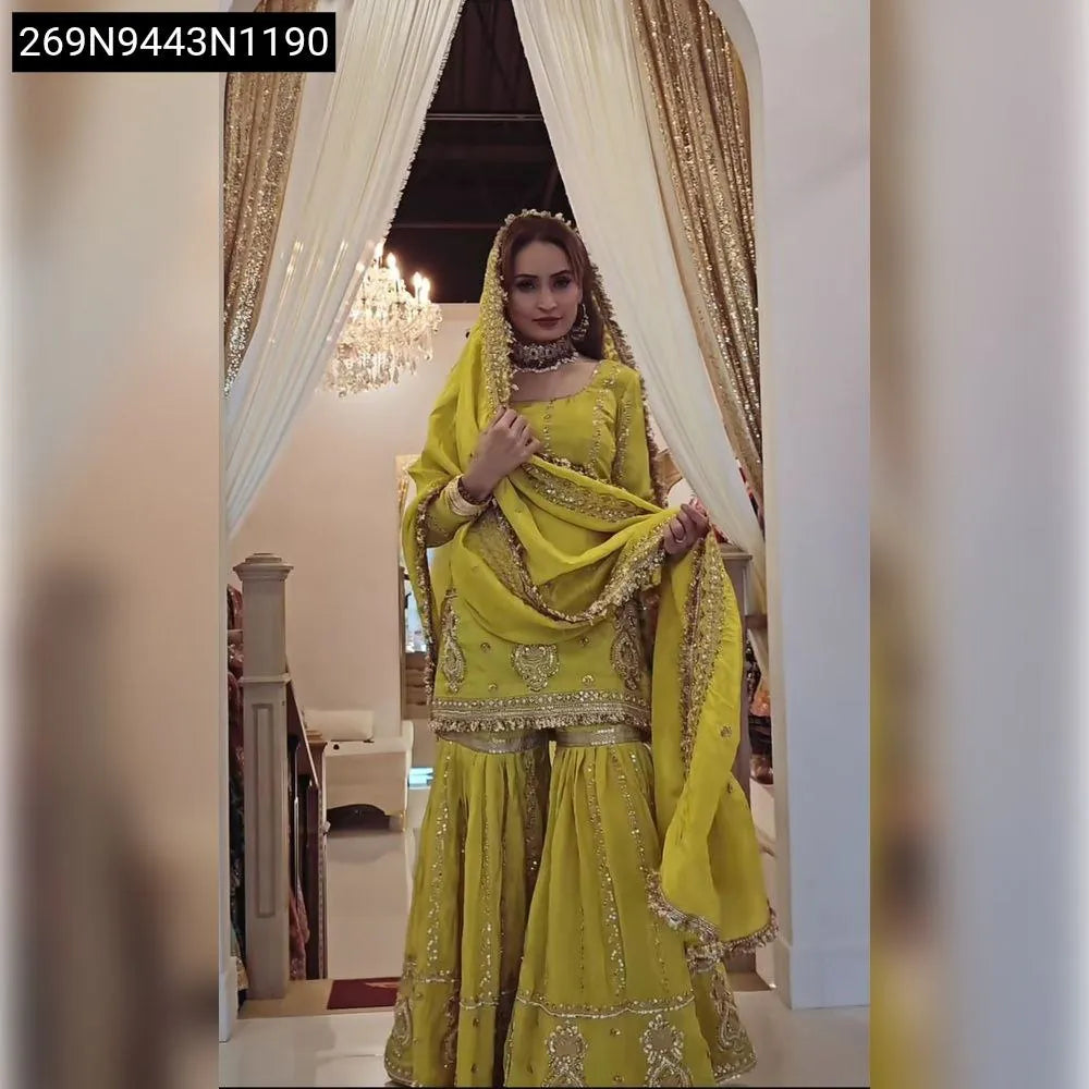 TRENDBUY Women's Lime Green Chinon Silk Embroidered Sharara Plazzo Suit, front view