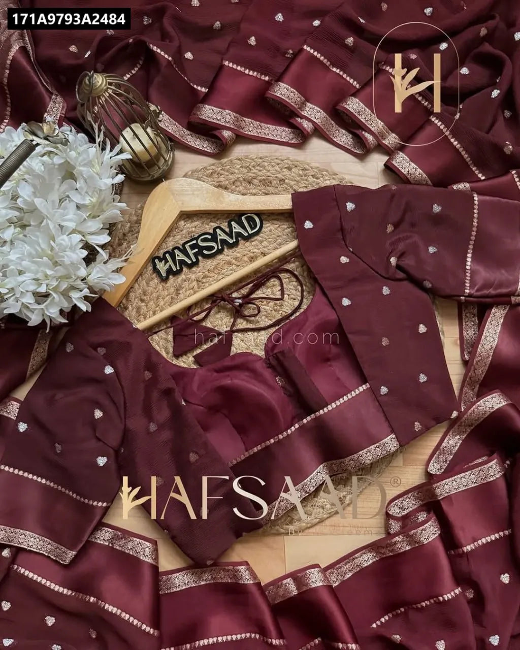 TRENDBUY Chinon Viscose Saree with blouse, flat lay on a textured surface