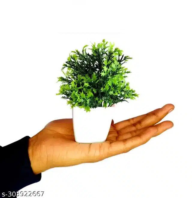 Set of 5 artificial green plants in white pots