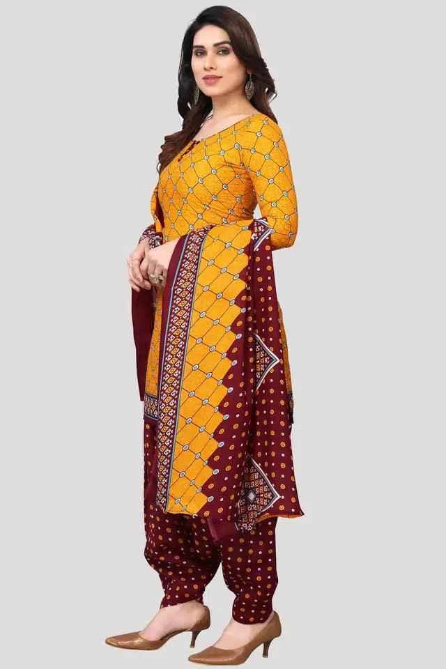 Premium Yellow Cotton Unstitched Salwar Suit with Maroon Patiala