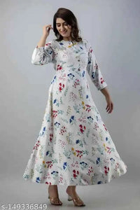 Anarkali Rayon Printed Kurti for Women (White & Blue, M) – Stylish Ethnic Wear