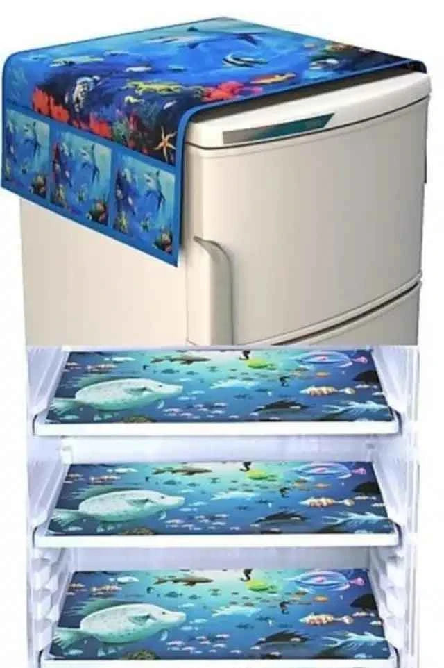 Blue knit printed 3-piece fridge mat set with top cover