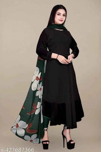 Georgette Solid Anarkali Kurti with Dupatta for Women (Black & Green, M)