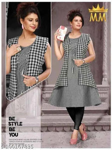 TrendBuy Cotton Checkered Kurti with Jacket for Women - Grey, XL