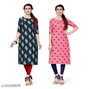Pack of 2 Crepe Printed Kurtis for Women - Green & Pink (Size S)