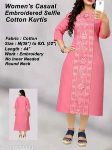 Cotton Blend Embroidered Kurti for Women - Pink (Size M)