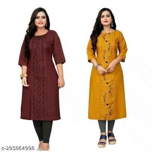 Cotton Blend Embroidered Kurti for Women - Mustard & Maroon (Pack of 2, Size M)