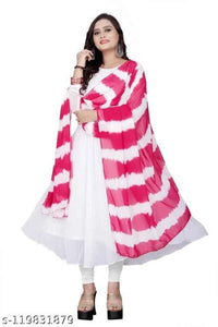 Georgette Solid Anarkali Kurti with Dupatta for Women (White & Pink, M)