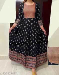 Anarkali Rayon Printed Kurti for Women (Black & Peach, S) – Stylish Ethnic Wear