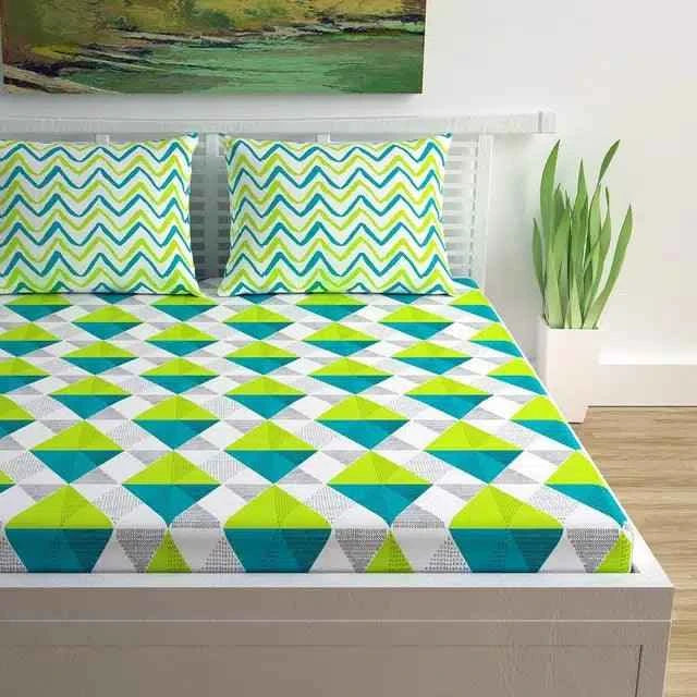 Green microfibre printed double bedsheet (225x225 cm) with 2 matching pillow covers
