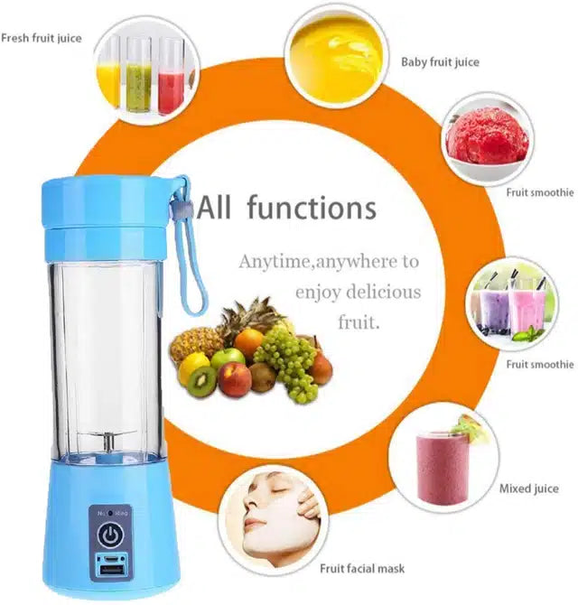 Green 380ml rechargeable portable fruit juicer blending fresh fruit.