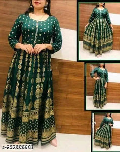 Anarkali Rayon Printed Kurti for Women (Bottle Green & Gold, M) – Elegant Ethnic Wear