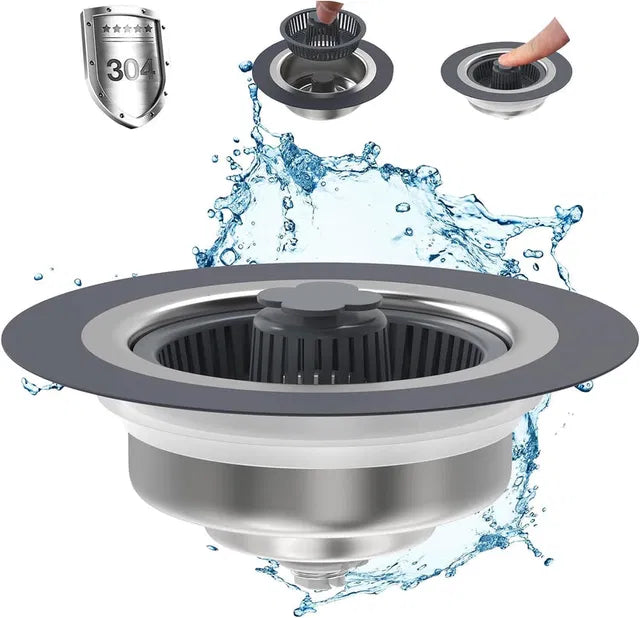 3-in-1 sink drain strainer, functioning as a filter, stopper, and catch basket