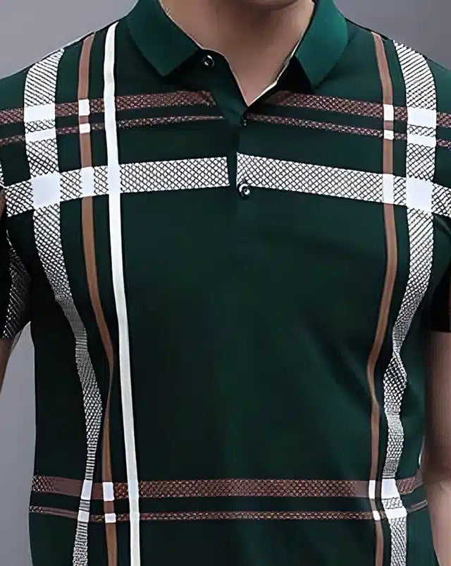 Front view of men's green cotton blend printed t-shirt