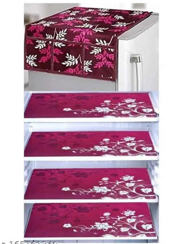 Wine knit printed 4-piece fridge mat set with matching top cover.