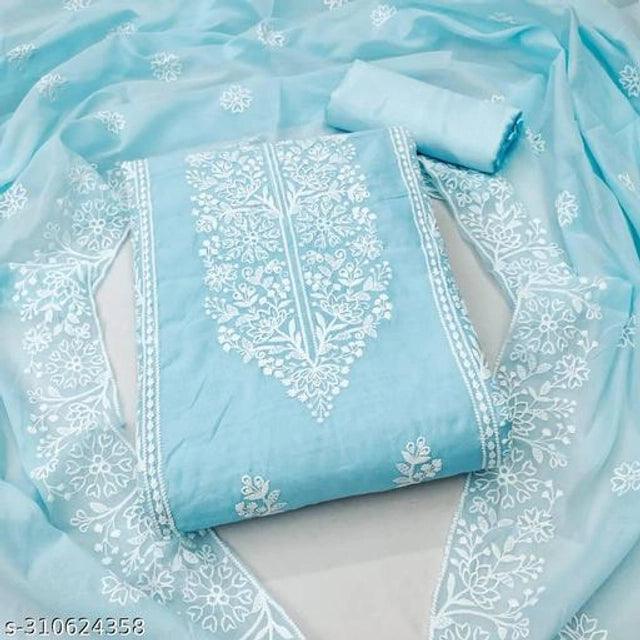 Chanderi Cotton Embroidered Unstitched Suit for Women (Sky Blue) – Elegant Ethnic Wear