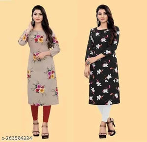 Elegant Crepe Printed Kurti Combo for Women - Pack of 2 Brown & Black Casual Wear Kurtis (Size S)