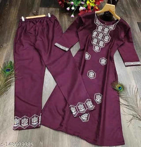 Premium Wine Wool Embroidered Kurta Set with Pants for Women