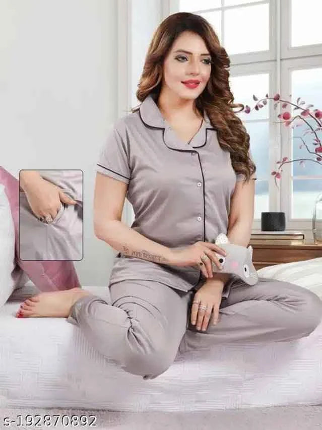 Satin Nightsuit for Women (Grey, M)