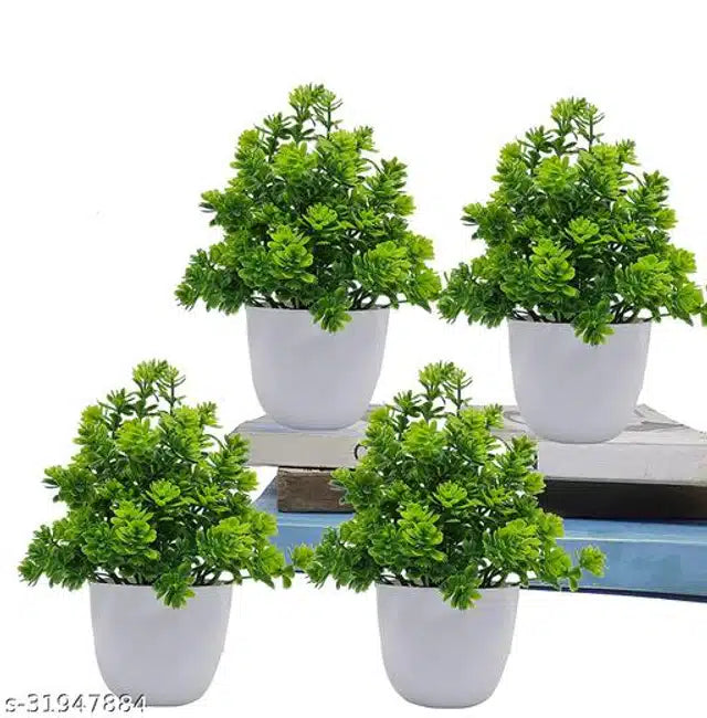 Pack of 4 artificial plants with green foliage and white decorative pots