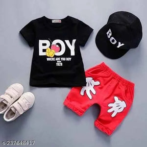 Hosiery Cotton Clothing Set for Boys (Black & Red, 0-3 Months)